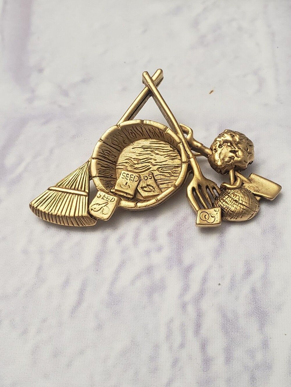 DANECRAFT Goldtone Garden Tools Brooch Pin 1980s